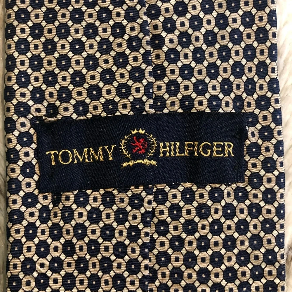 Tommy Hilfiger Silk Tie - Navy Tan Cream Small Octagon Shape Repeat Design